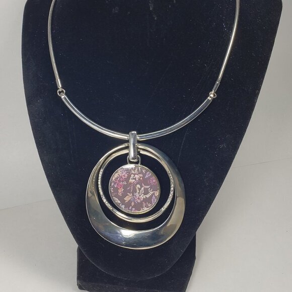 Multi Hoops Flower Pendant Statement Necklace - Polished Silver tone - Picture 6 of 10